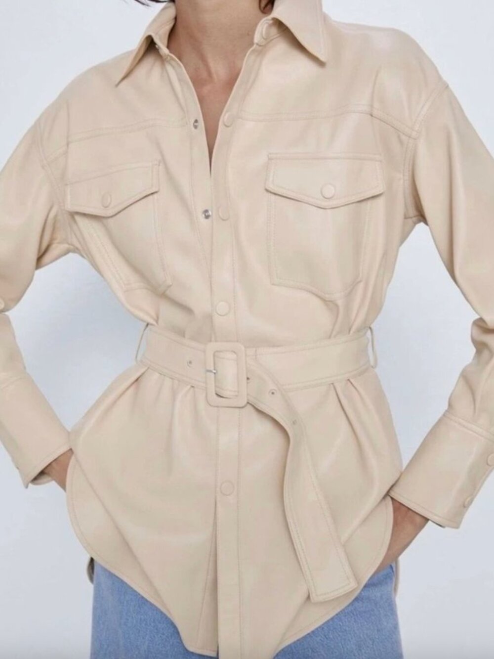 Zara Belted Faux Leather Shirt Jacket